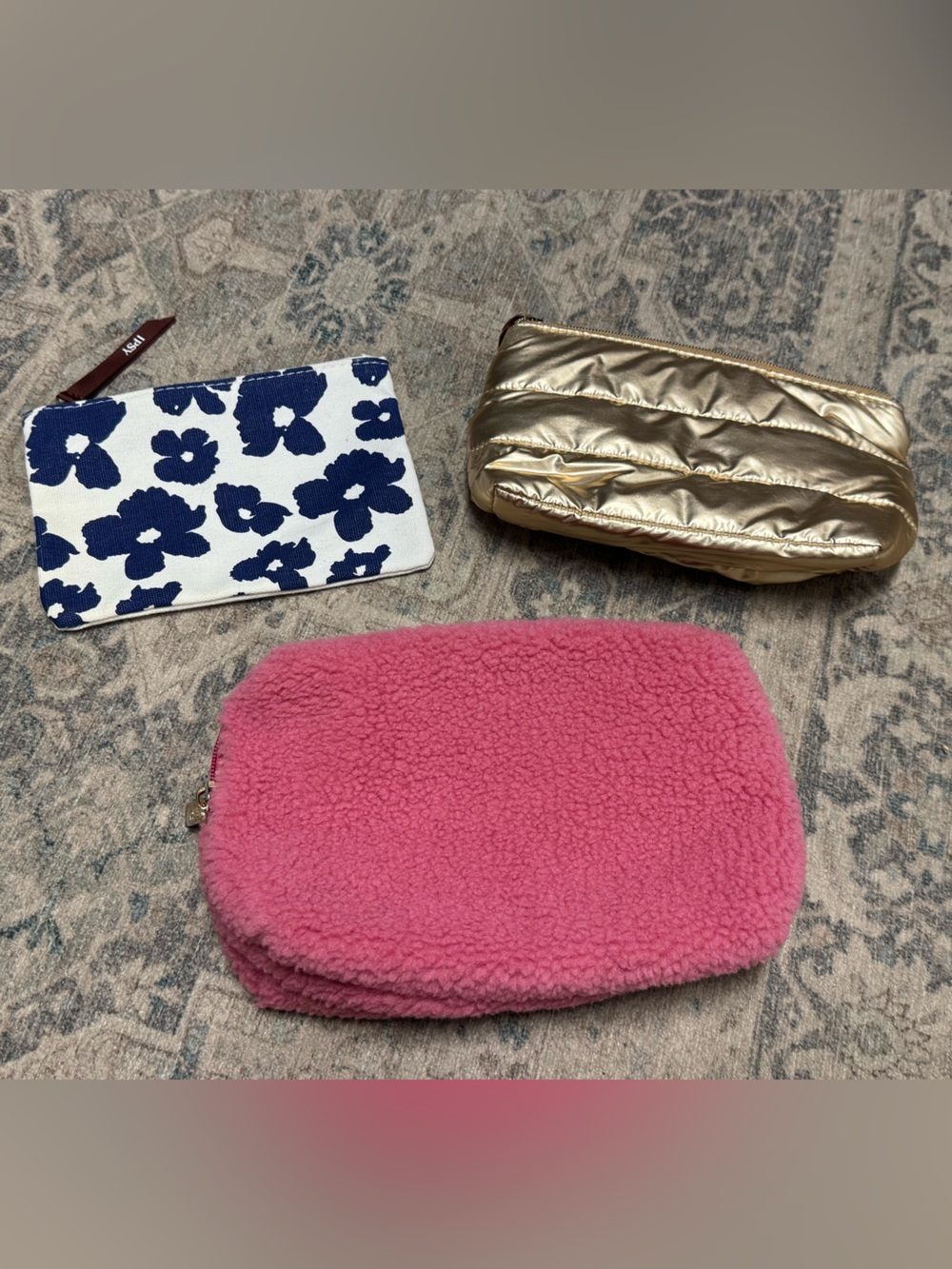 Lot of 3 Cosmetic Bags Pink Sherpa Navy Floral and Gold